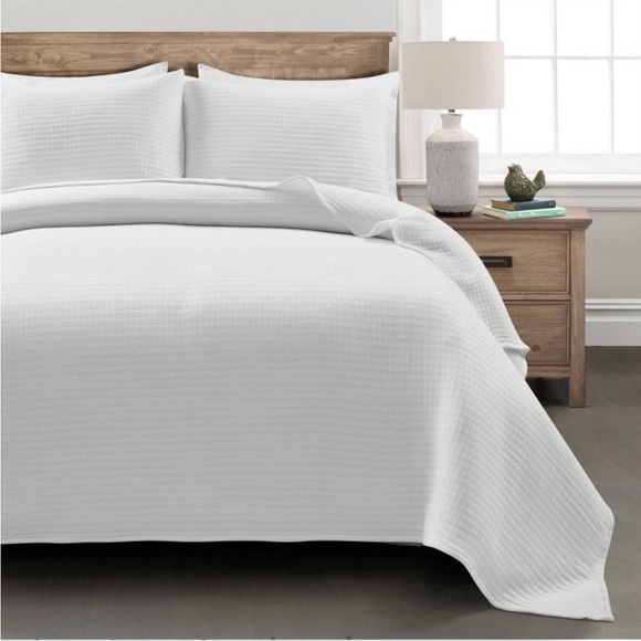 LUSH DECOR NWT 3pc pick stitch quilt/coverlet -white -full/queen - Picture 1 of 9